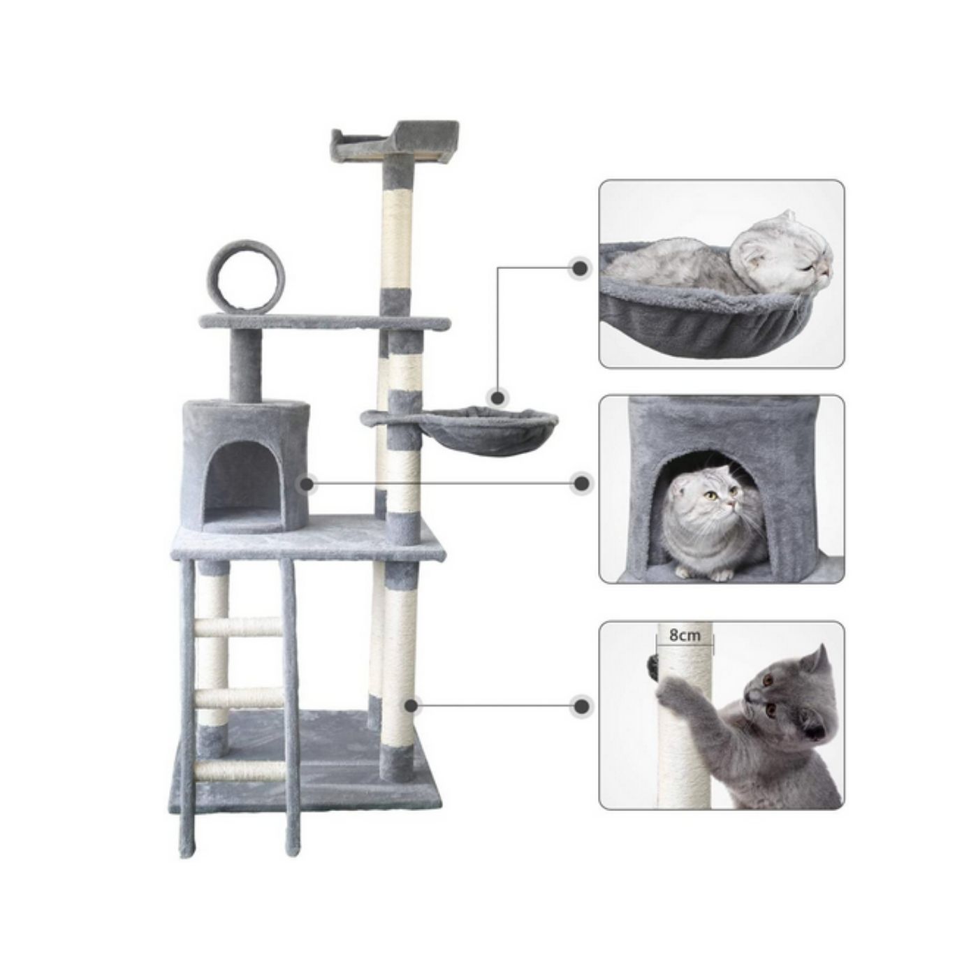 Albero Tiragraffi per Gatti Grigio 59x59x156 - dettagli