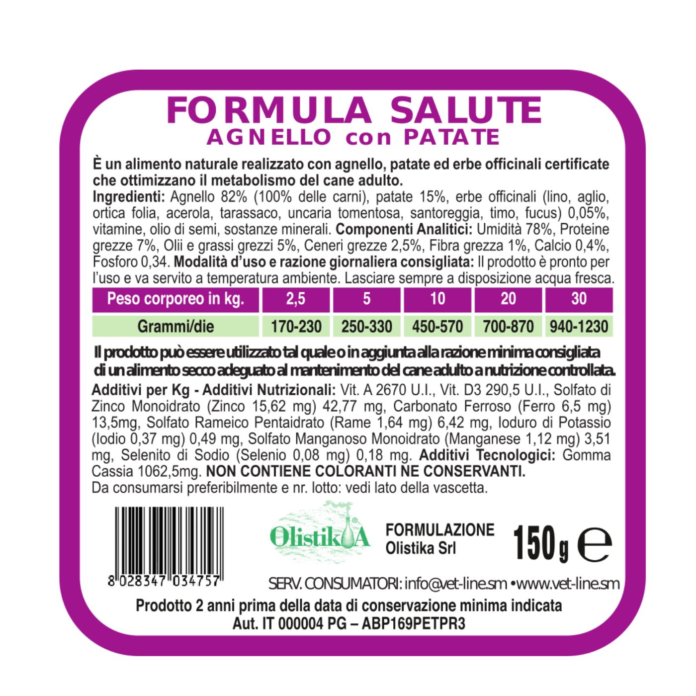 Vet Line Salute Agnello con Patate 150g Alimento Umido Monoproteico per Cani VetLine - Caratteristiche