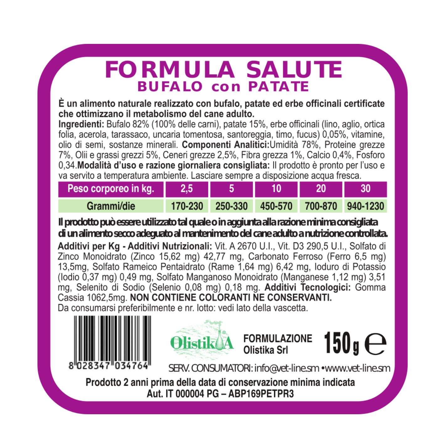 Vet Line Salute Bufalo con Patate Alimento Umido Monoproteico per Cani - Formato 150g caratteristiche