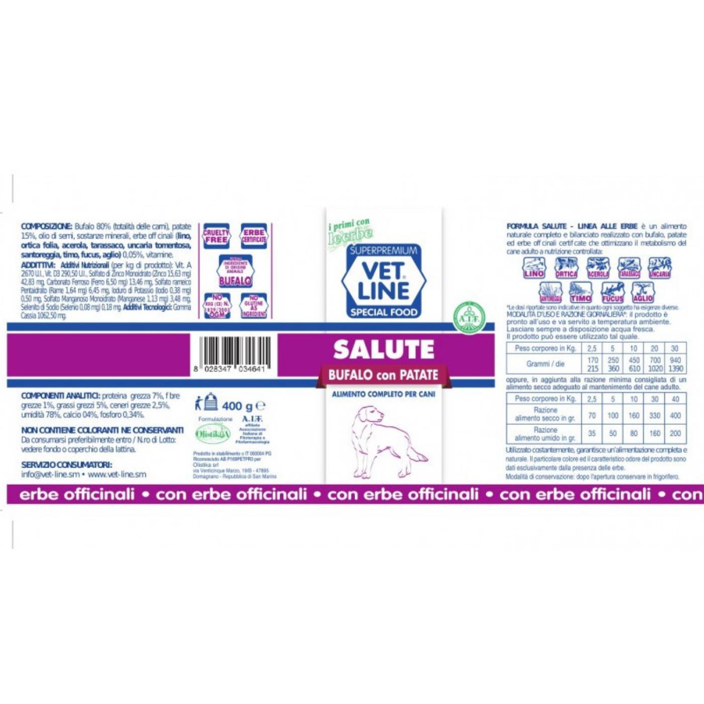 Vet Line Salute Bufalo con Patate Alimento Umido Monoproteico per Cani - Formato 400g caratteristiche