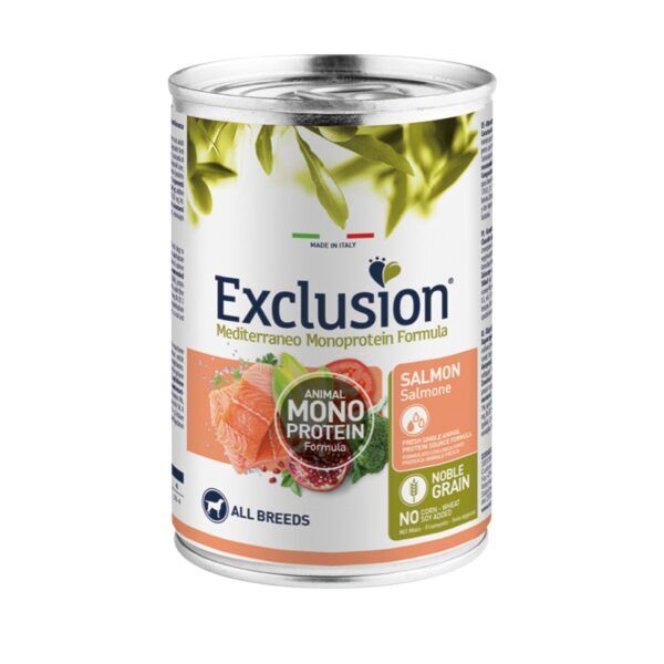 Exclusion Mediterraneo Monoproteico Noble Grain Adult All Breeds Salmone Alimento Umido per Cani Adulti 400gr