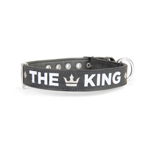 MyFamily Collare Royal Ricamo The King in Similpelle Grigio e Nero