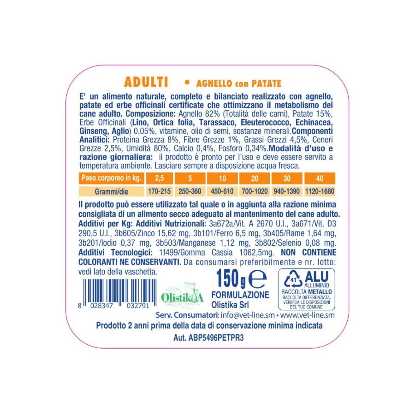 Vet Line Umido Adulti Agnello e Patate per Cani Adulti VetLine - Formato 150gr caratteristiche