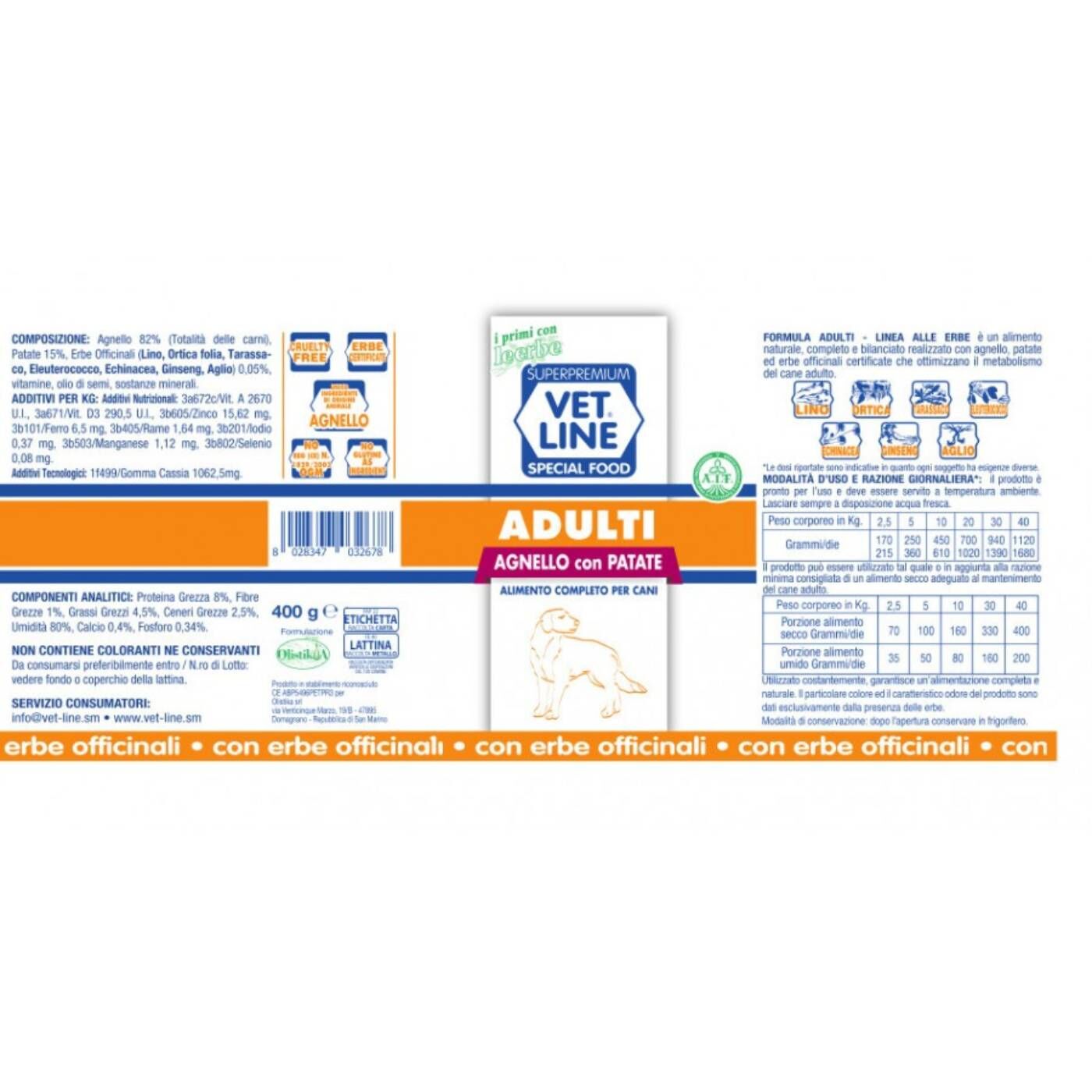 Vet Line Umido Adulti Agnello e Patate per Cani Adulti VetLine - Formato 400gr caratteristiche
