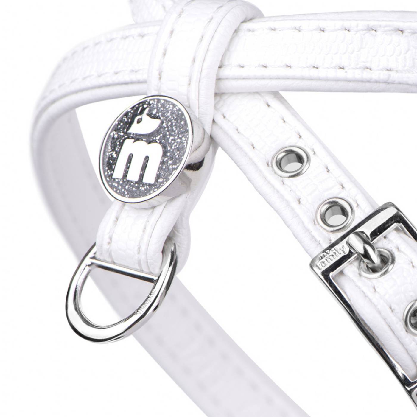 MyFamily Pettorina Saint Tropez in Similpelle Bianco per Cani - Rifiniture in bronzo bianco