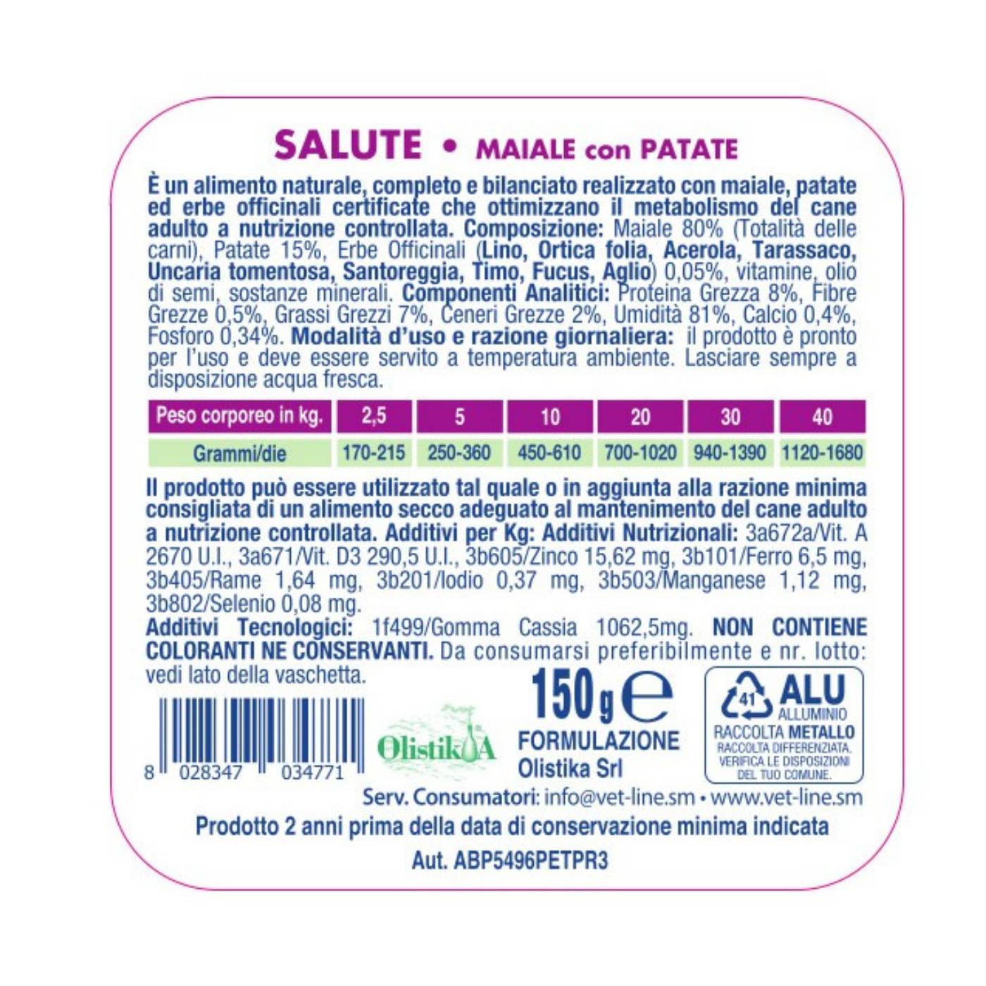 Vet Line Salute Maiale con Patate Alimento Umido Monoproteico per Cani VetLine - Formato 150gr caratteristiche