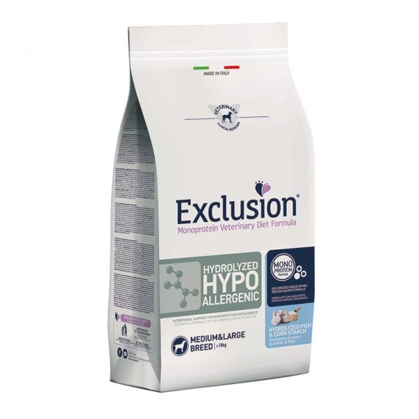 exclusion diet hydrolyzed hypoallergenic medium large pesce e amido di mais per cani