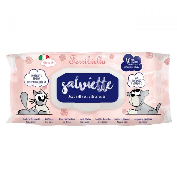 Ferribiella Salviette Detergenti Acqua di Rose per Cani e Gatti 40 Pezzi