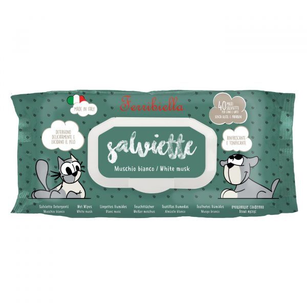 Ferribiella Salviette Detergenti Muschio Bianco per Cani e Gatti 40 Pezzi