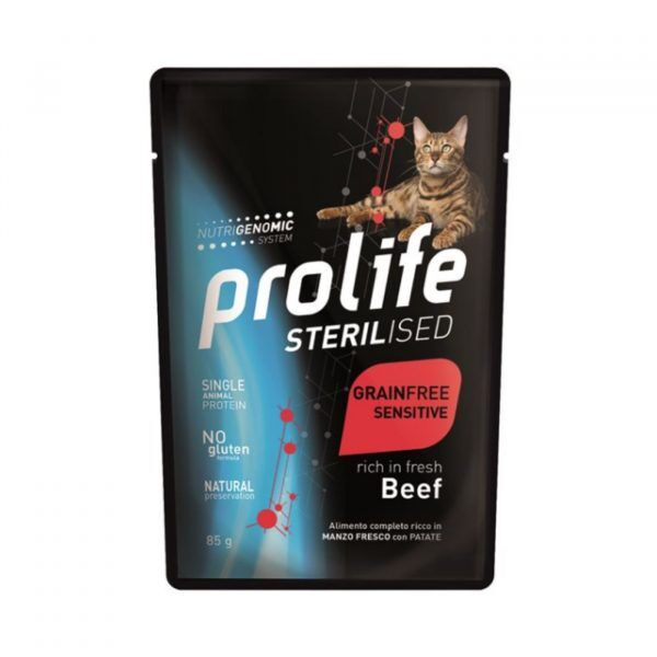 Prolife® Cat Sterilized Grain Free Sensitive Adult Manzo e Patate Umido per Gatti Busta da 85g