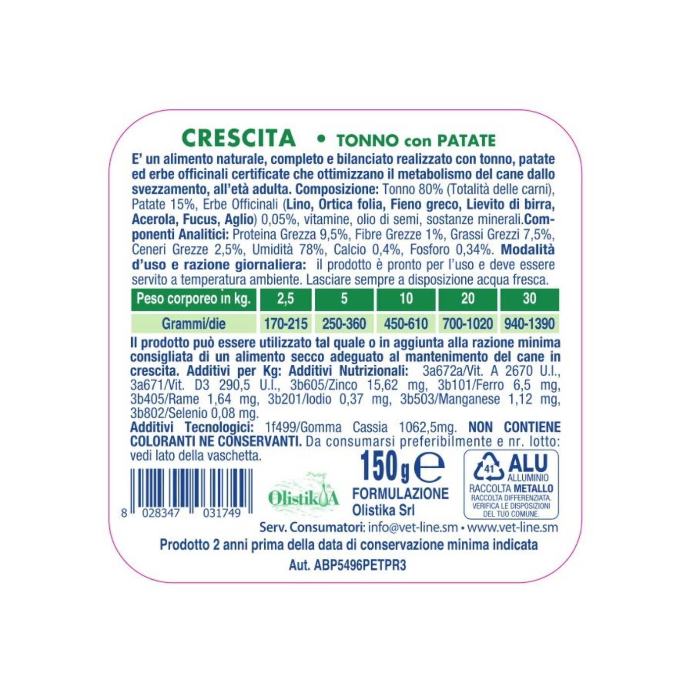 vet line umido accrescimento tonno e patate per cuccioli