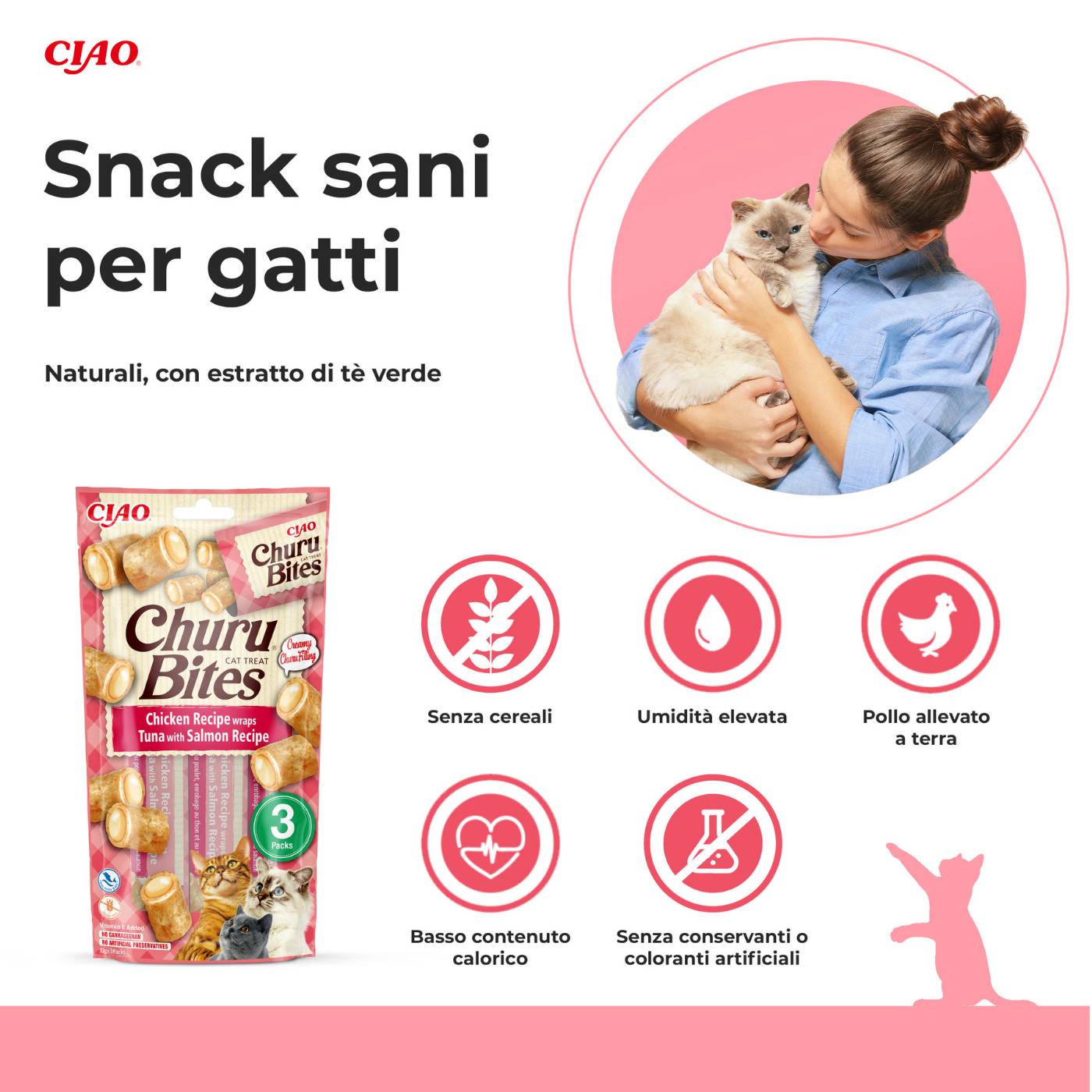 Inaba® Ciao® Churu® Bites Premio Snack per Gatti al Pollo con Ripieno Morbido di Tonno e Salmone 3 Stick da 10g