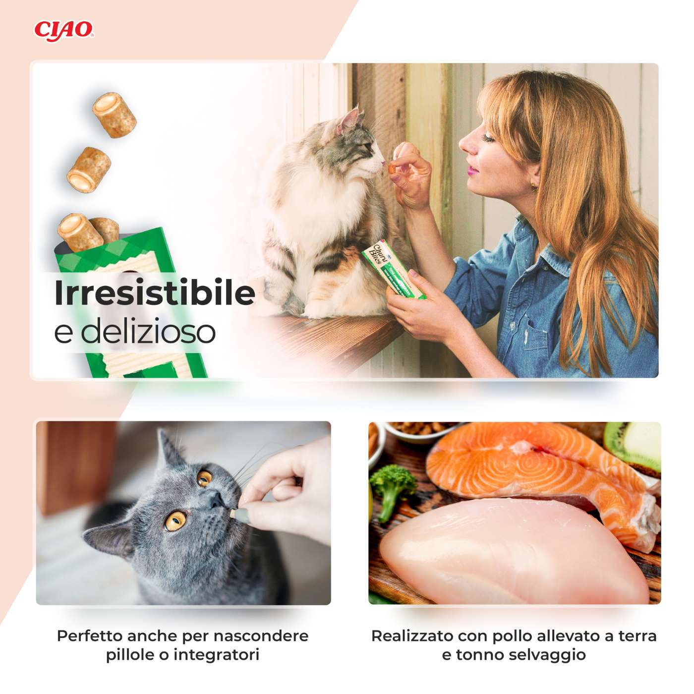 Inaba® Ciao® Churu® Bites Premio Snack per Gatti al Pollo con Ripieno Morbido di Tonno e Salmone 3 Stick da 10g