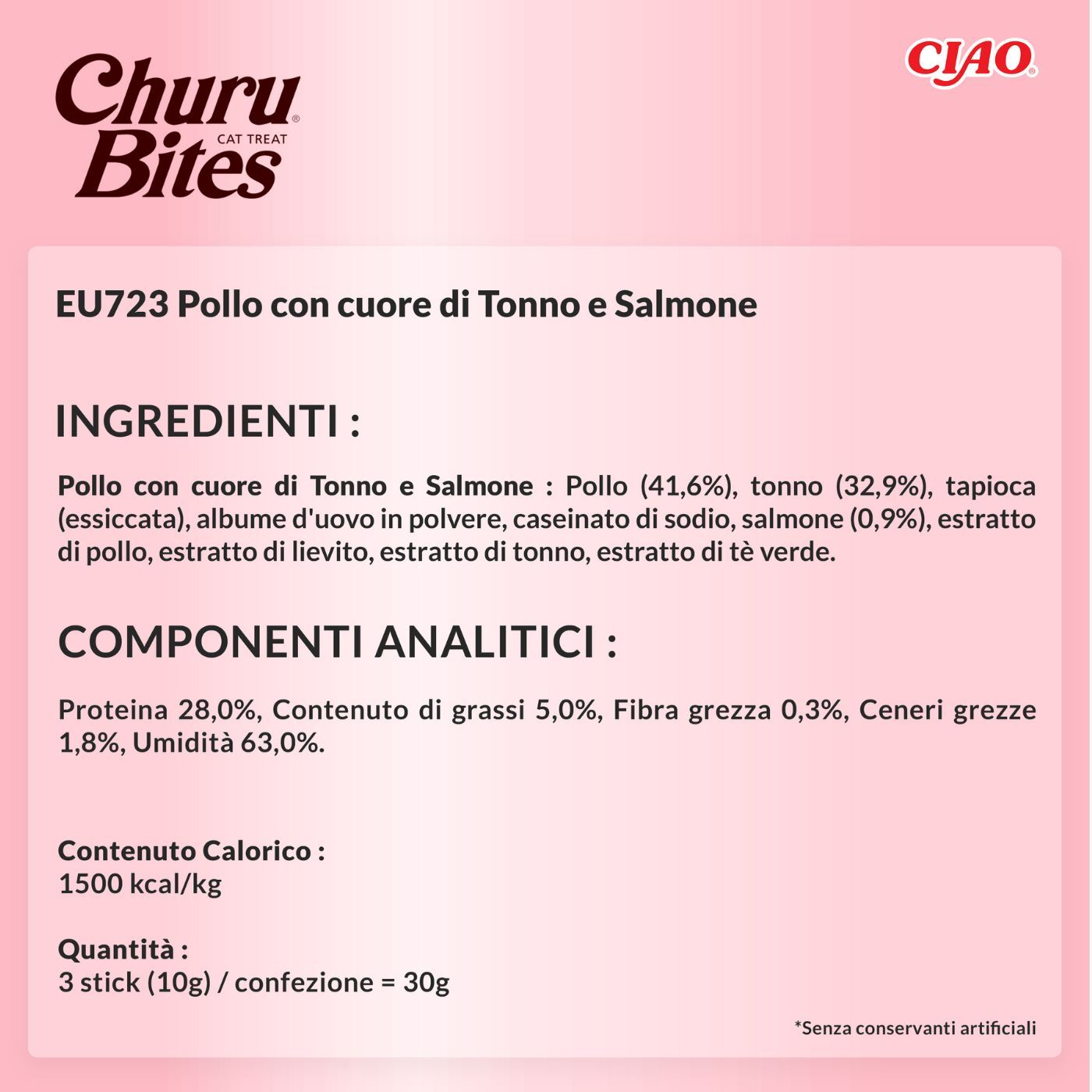 Inaba® Ciao® Churu® Bites Premio Snack per Gatti al Pollo con Ripieno Morbido di Tonno e Salmone 3 Stick da 10g - Ingredienti