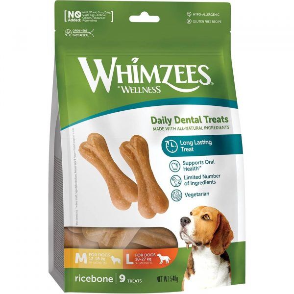 Whimzees Snack Dentale Naturale Osso di Riso per Cani Ricebone L 18-27 Kg 9 pezzi