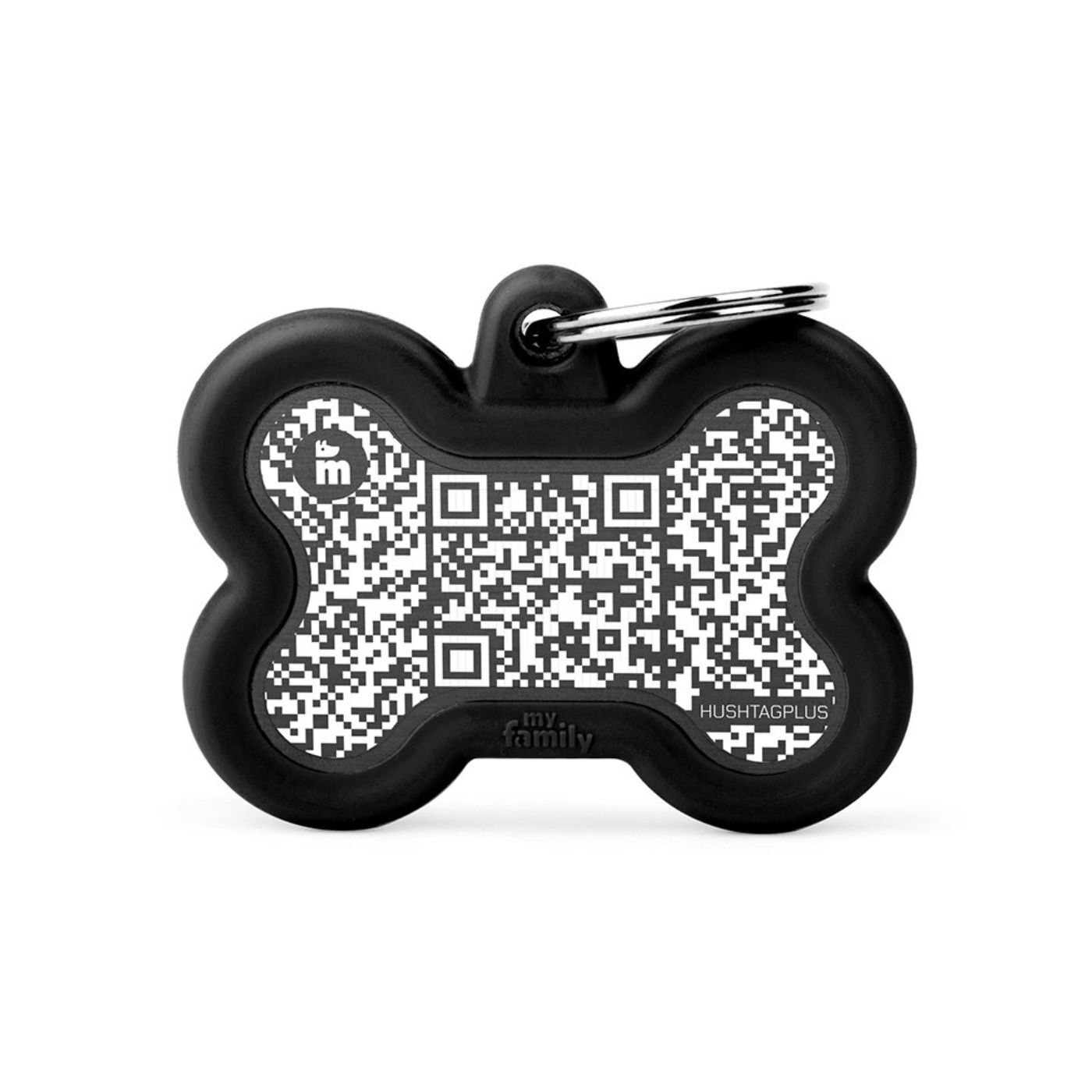 MyFamily Medaglietta per Cani QR Code Hushtag Osso Alluminio Nero