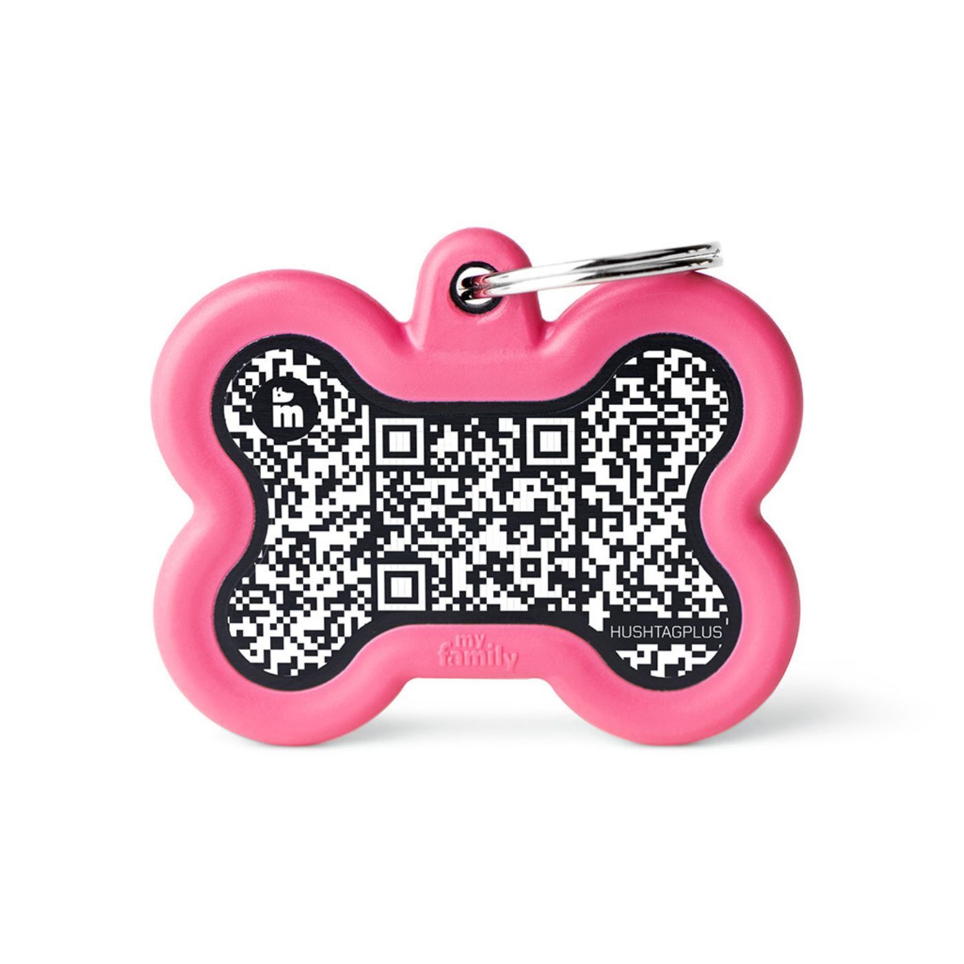 MyFamily Medaglietta per Cani QR Code Hushtag Osso Alluminio Nero
