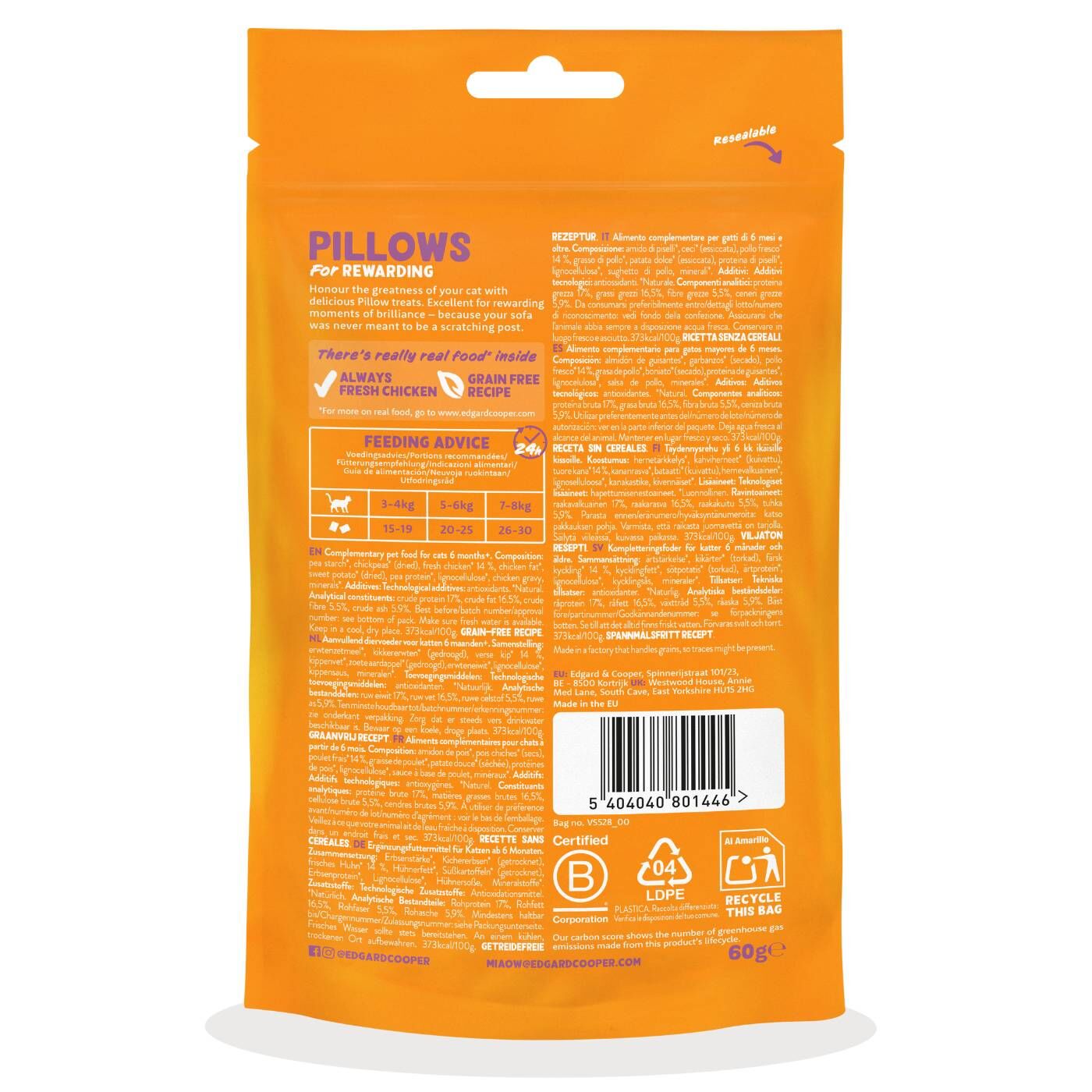 Edgard&Cooper Snack per Gatti Pillows Fagottini Ripieni al Pollo 60 g.
