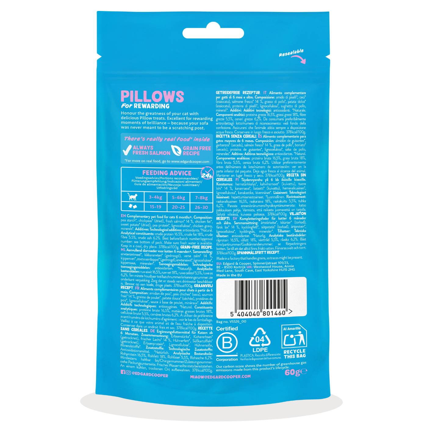 8 confezioni x 60 g - Edgard&Cooper Snack per Gatti Pillows Fagottini Ripieni al Salmone.