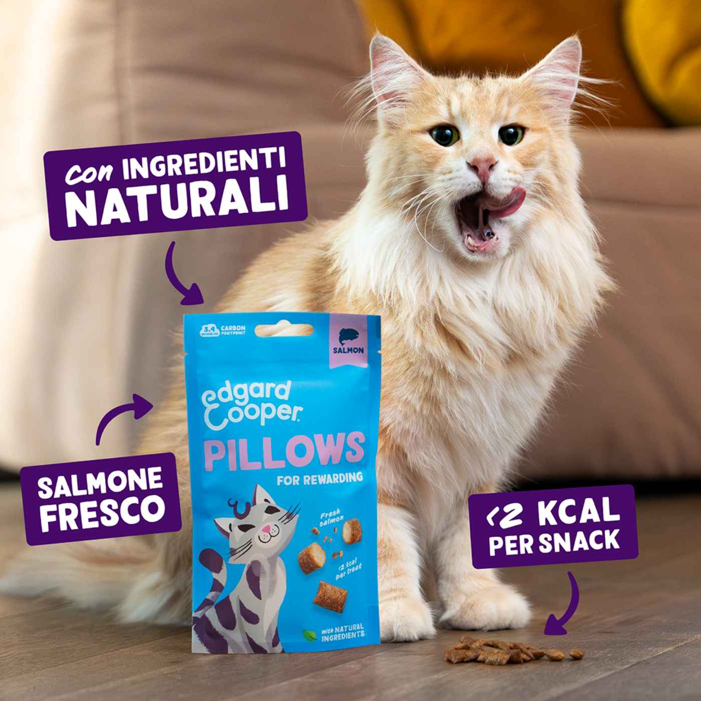 8 confezioni x 60 g - Edgard&Cooper Snack per Gatti Pillows Fagottini Ripieni al Salmone.