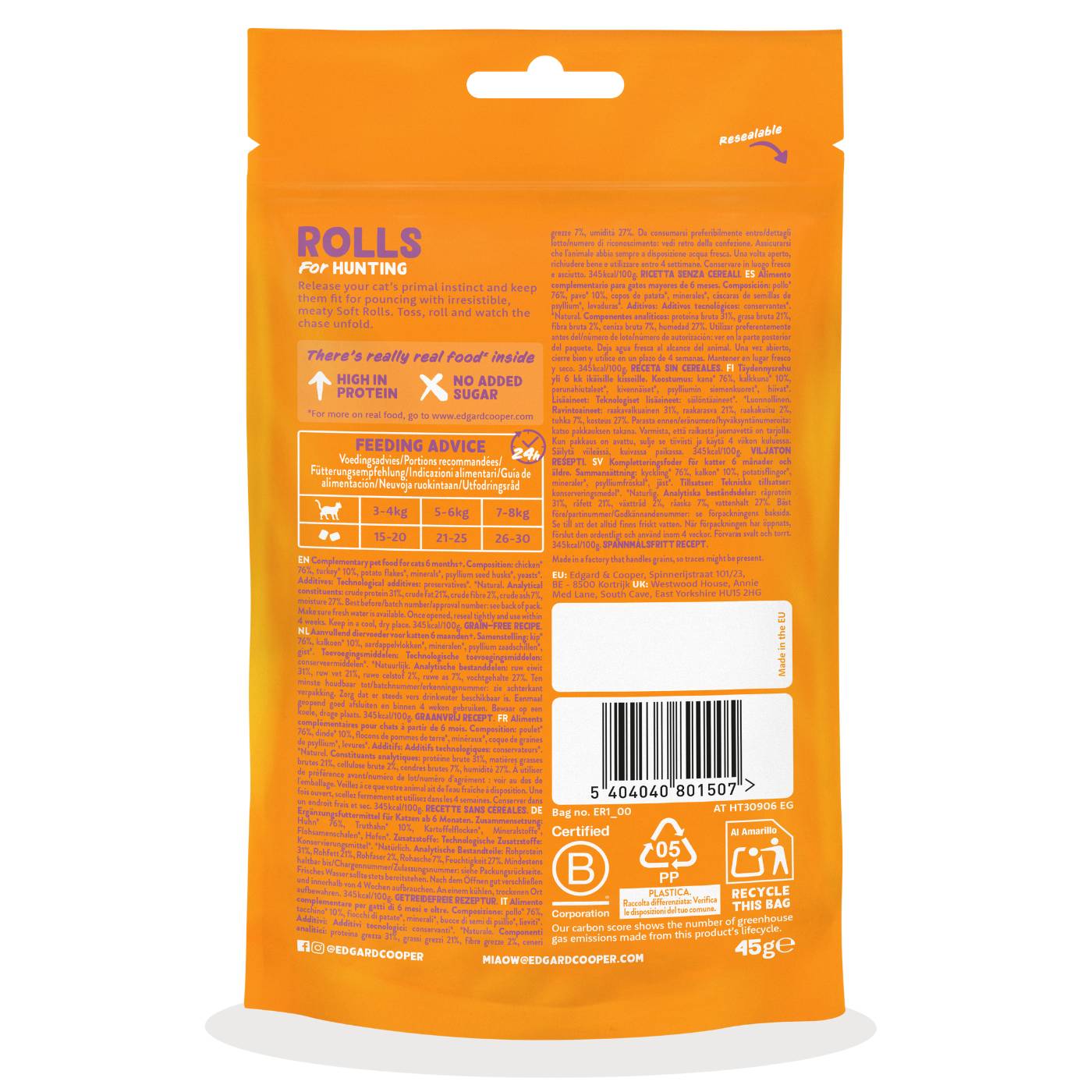 Edgard&Cooper Snack Morbidi per Gatti Rolls- Rotolini al Pollo e Tacchino 45 g.