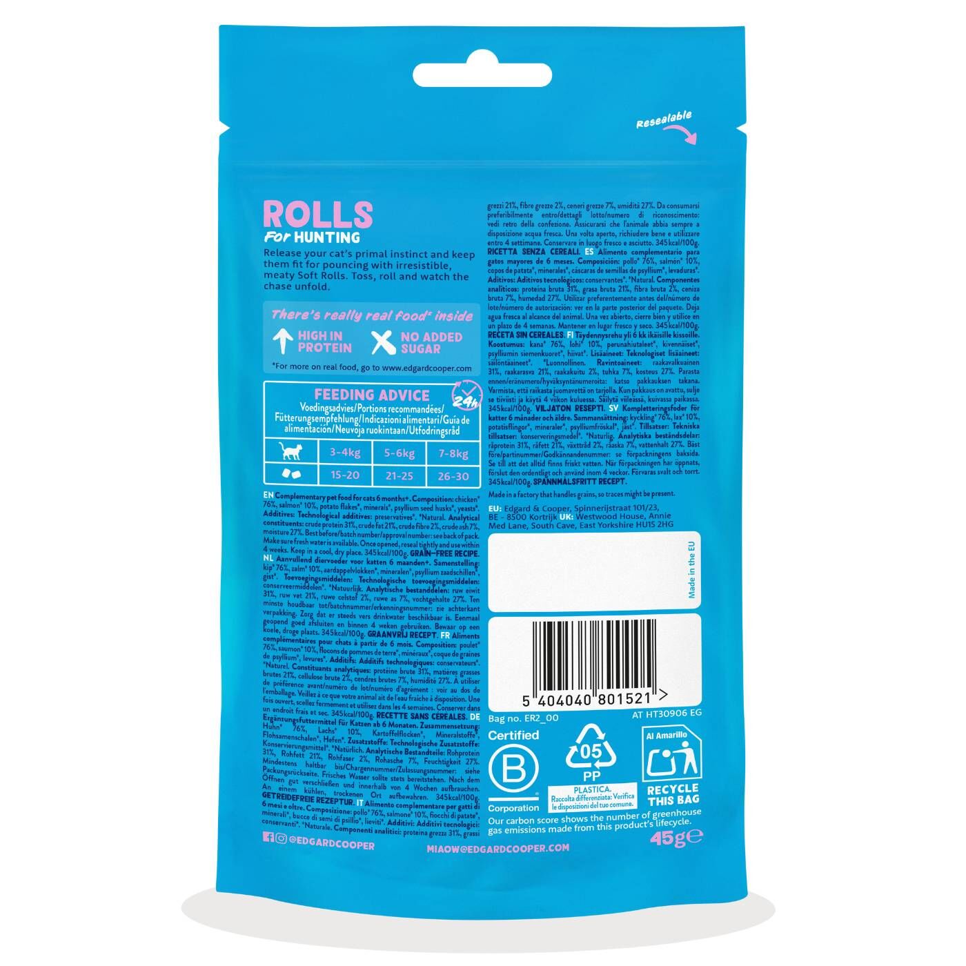 Edgard&Cooper Snack Morbidi per Gatti Rolls al Salmone 45 g.
