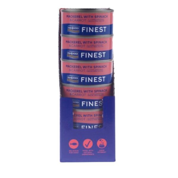 12 x 85 g Fish4Dogs Finest Alimento Umido per Cani Sgombro con Carote e Spinaci