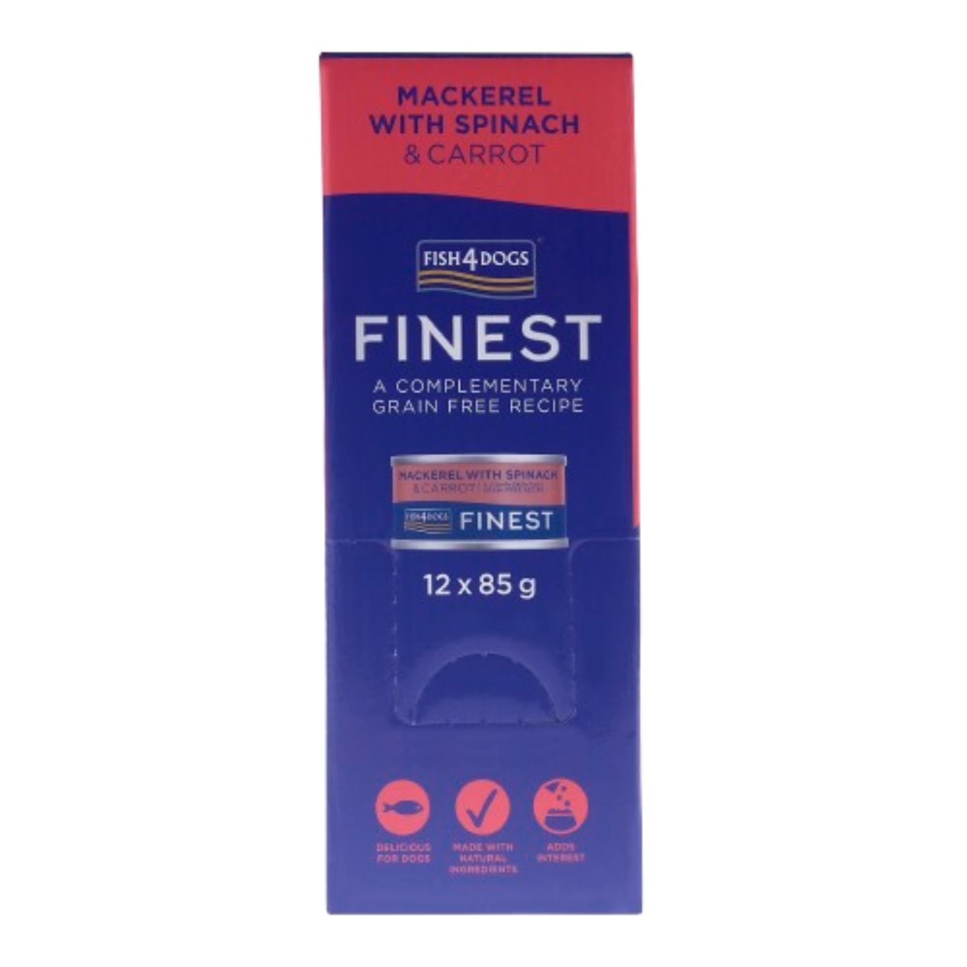 12 x 85 g Fish4Dogs Finest Alimento Umido per Cani Sgombro con Carote e Spinaci