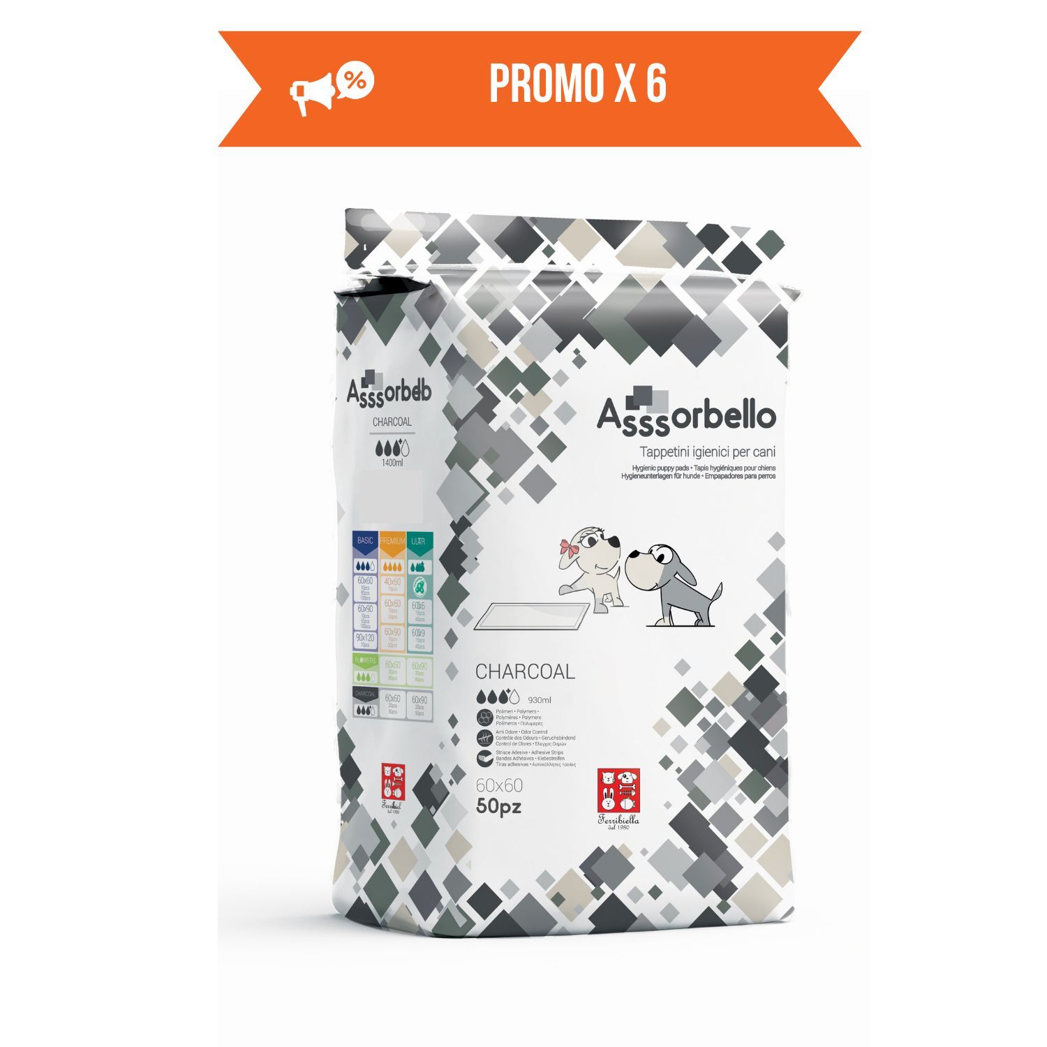 Ferribiella Tappetini Igienici per Cani ai Carboni Attivi 60 x 60 cm