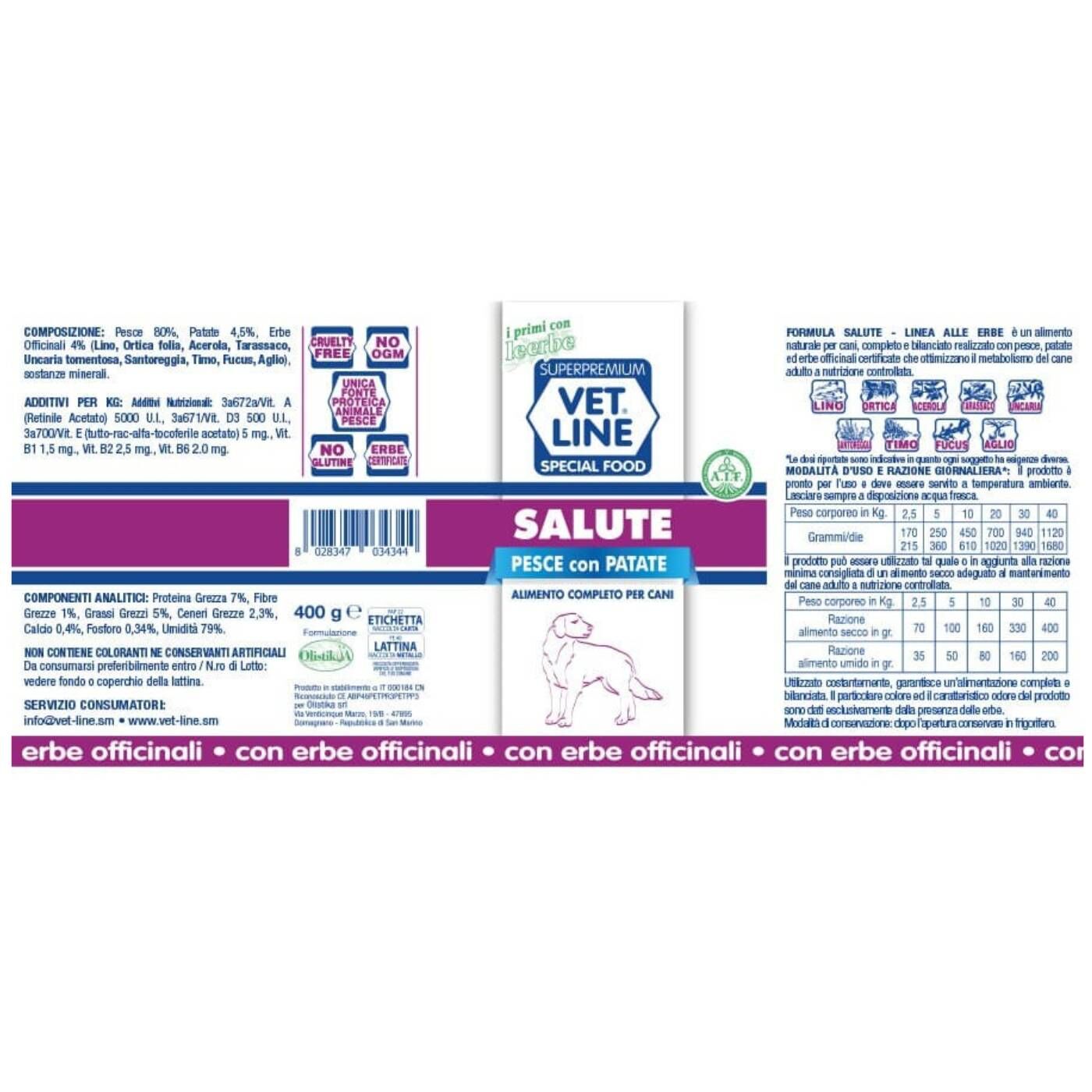 Vet Line Salute Pesce con Patate 400 g Alimento Umido Monoproteico per Cani VetLine