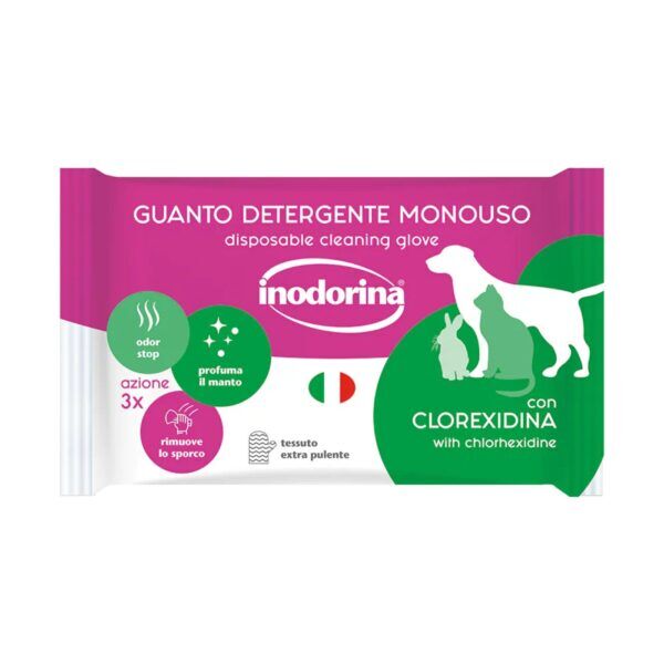 Inodorina Guanto Detergente Umidificato Monouso per Cani Cuccioli e Gatti con Clorexidina