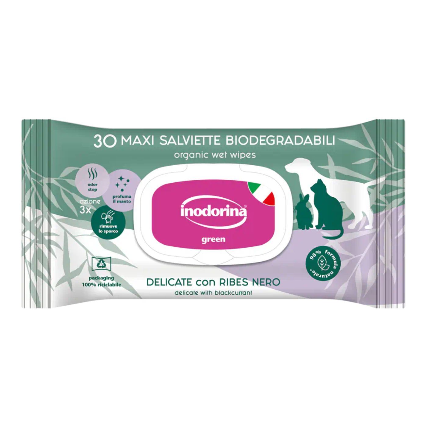 Inodorina Salviette Detergenti Umidificate Biodegradabili per Cani e Gatti Delicate con Ribes Nero 30 pz