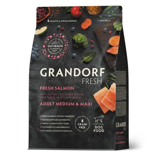 Grandorf Fresh Adult Medium & Maxi Breeds con Filetti di Salmone Fresco e Patata Dolce per Cani Adulti