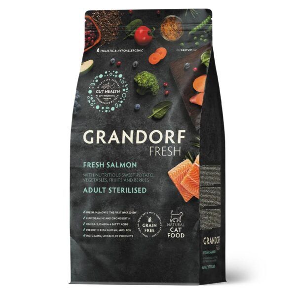 Grandorf Fresh Cat con Filetti di Salmone Fresco e Patate Dolci per Gatti Sterilizzati o Anziani