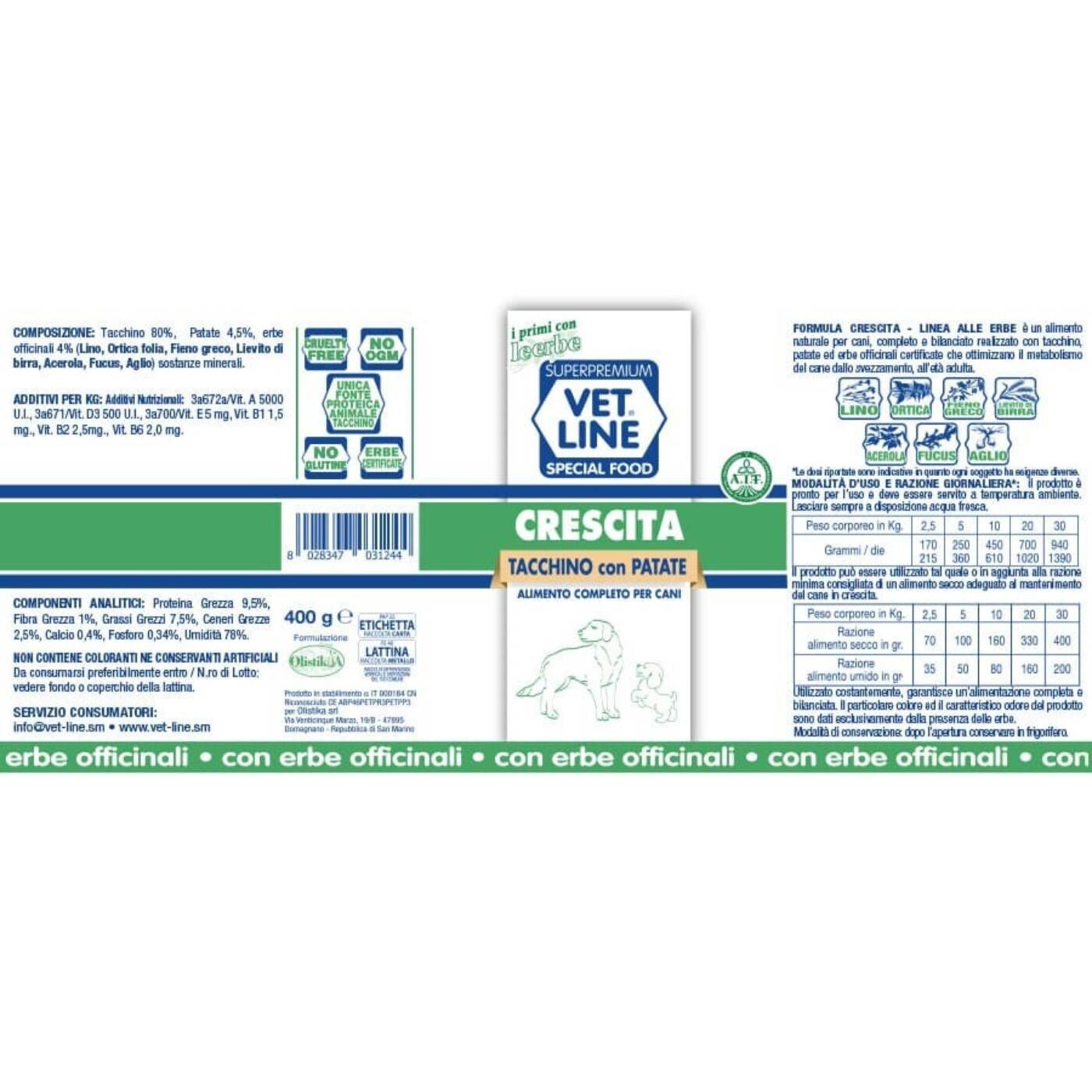 vet line umido accrescimento tacchino e patate per cuccioli 400 g vetline