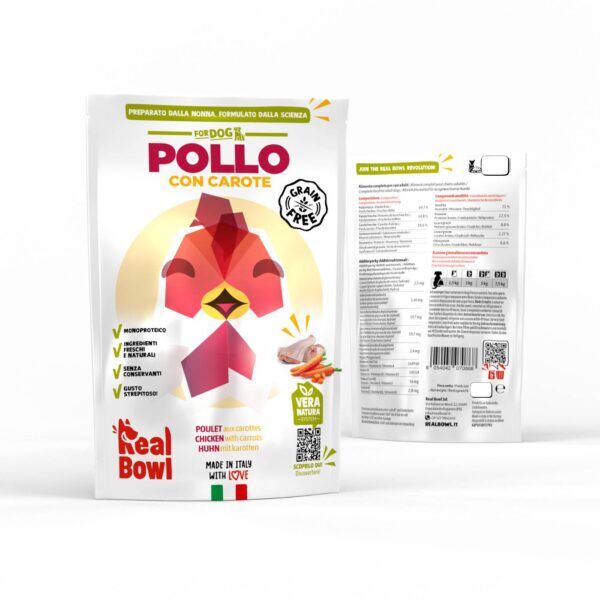 real bowl alimento completo fresco cotto per cani al pollo con carote senza cereali grain free