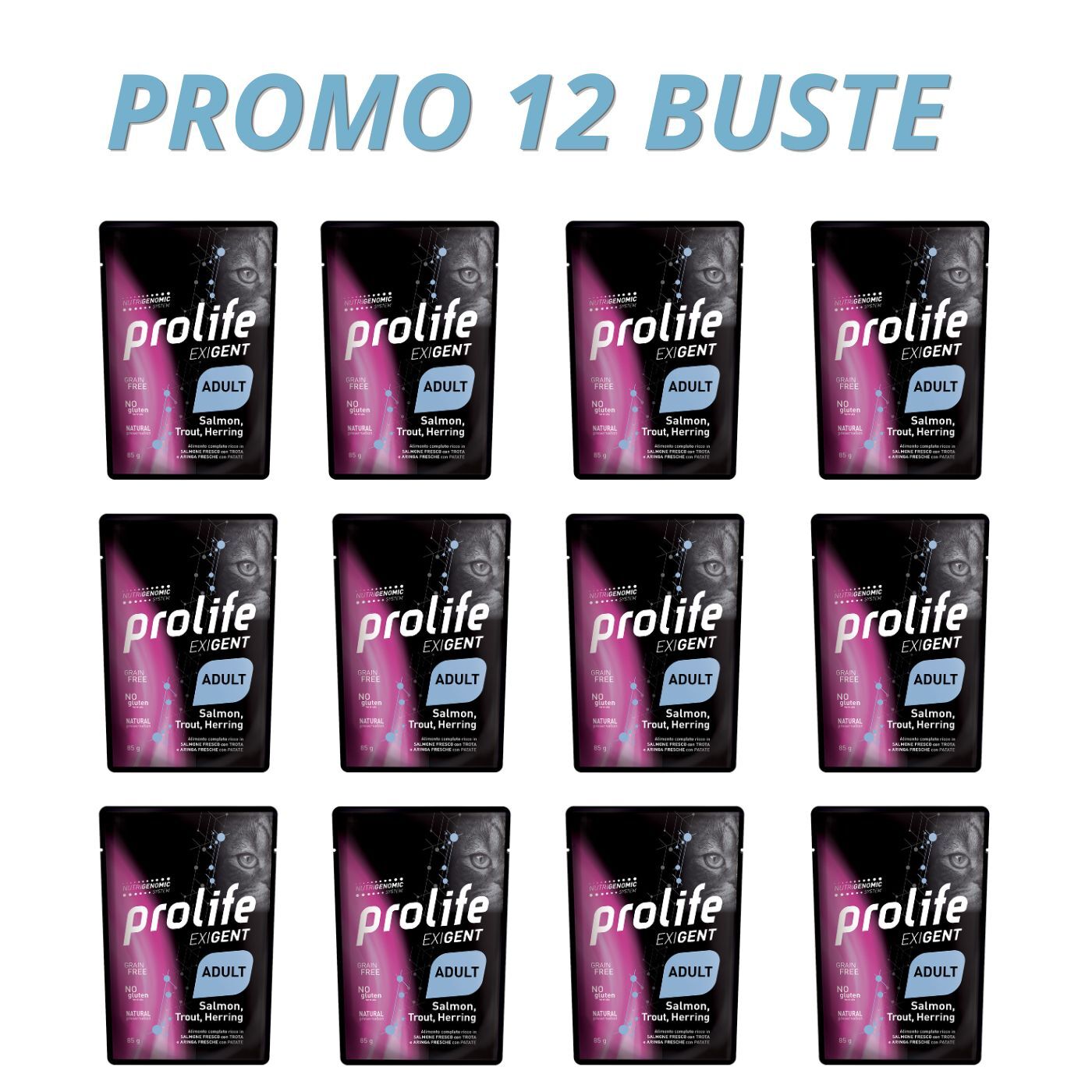 Prolife Cat Exigent Adult Salmone con Trota e Aringa con Patate Umido per Gatti PROMO