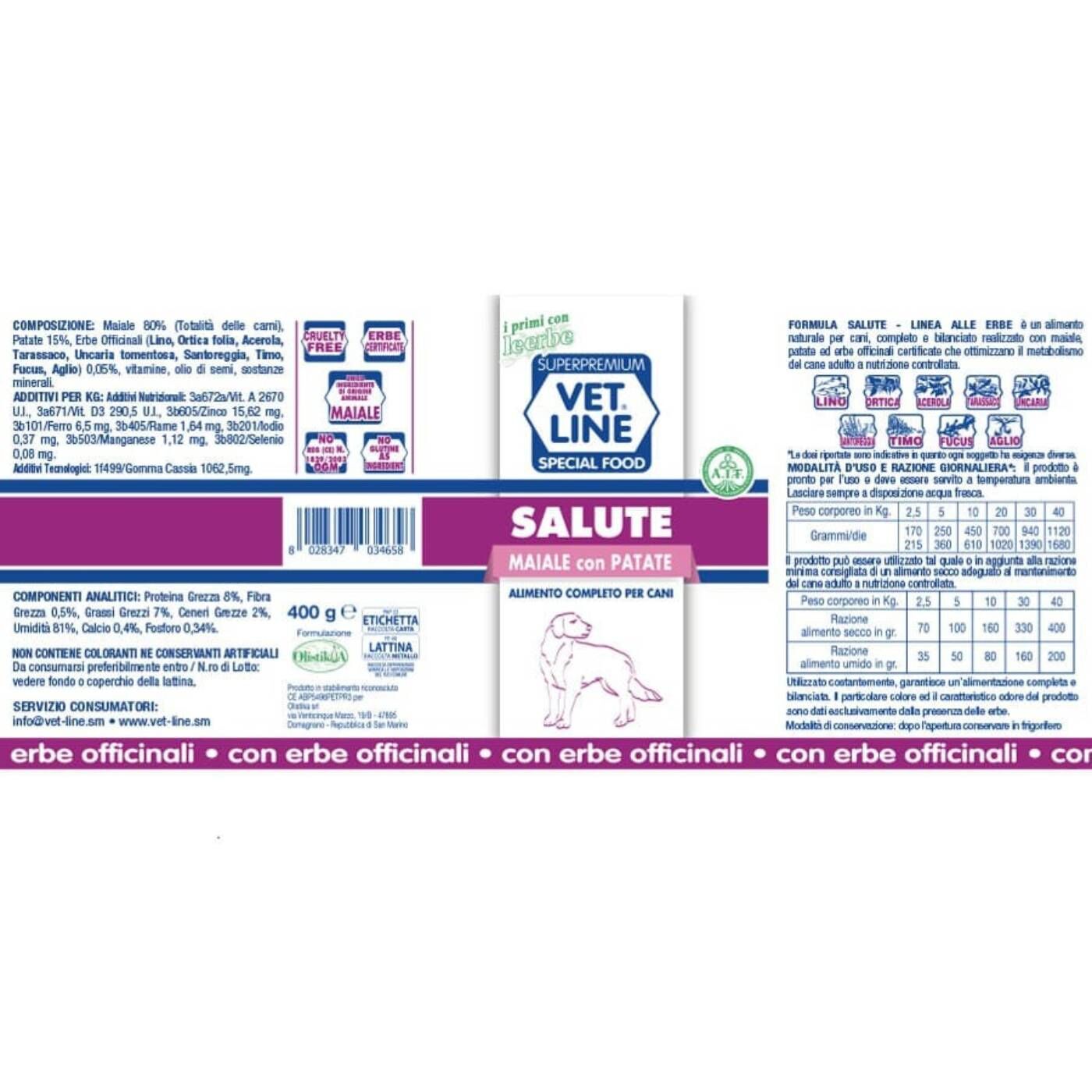 vet line salute maiale con patate alimento umido monoproteico per cani vetline
