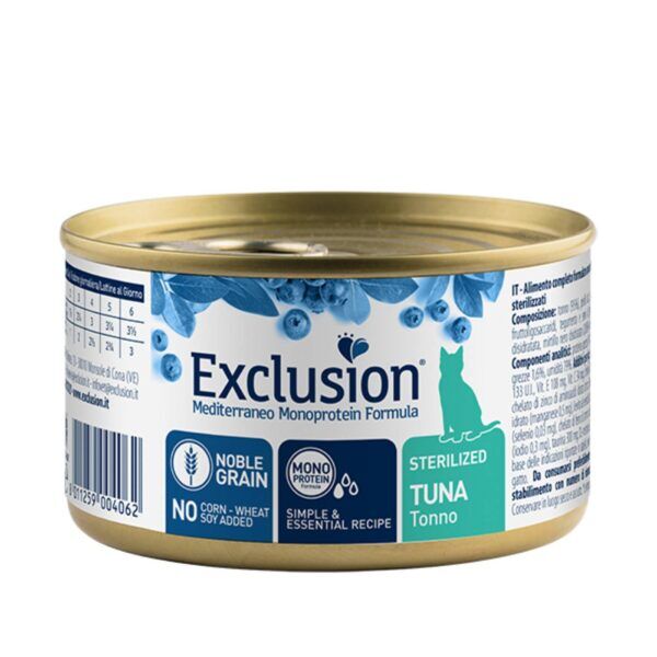 Exclusion Mediterraneo Monoproteico Noble Grain Cat Sterilized Tonno Alimento Umido per Gatti Sterilizzati 85g