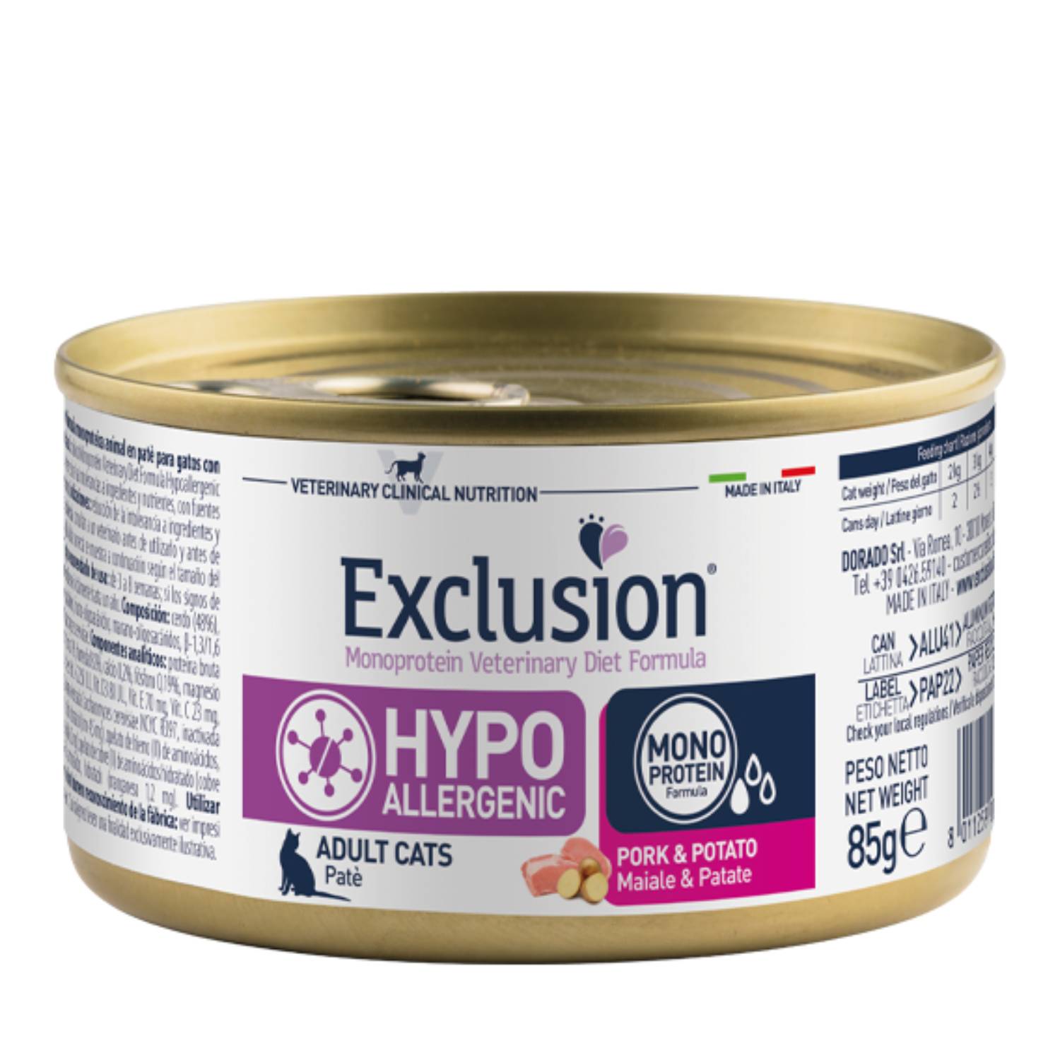 exclusion cat hypoallergenico maiale e patate alimento umido per gatti adulti 85g