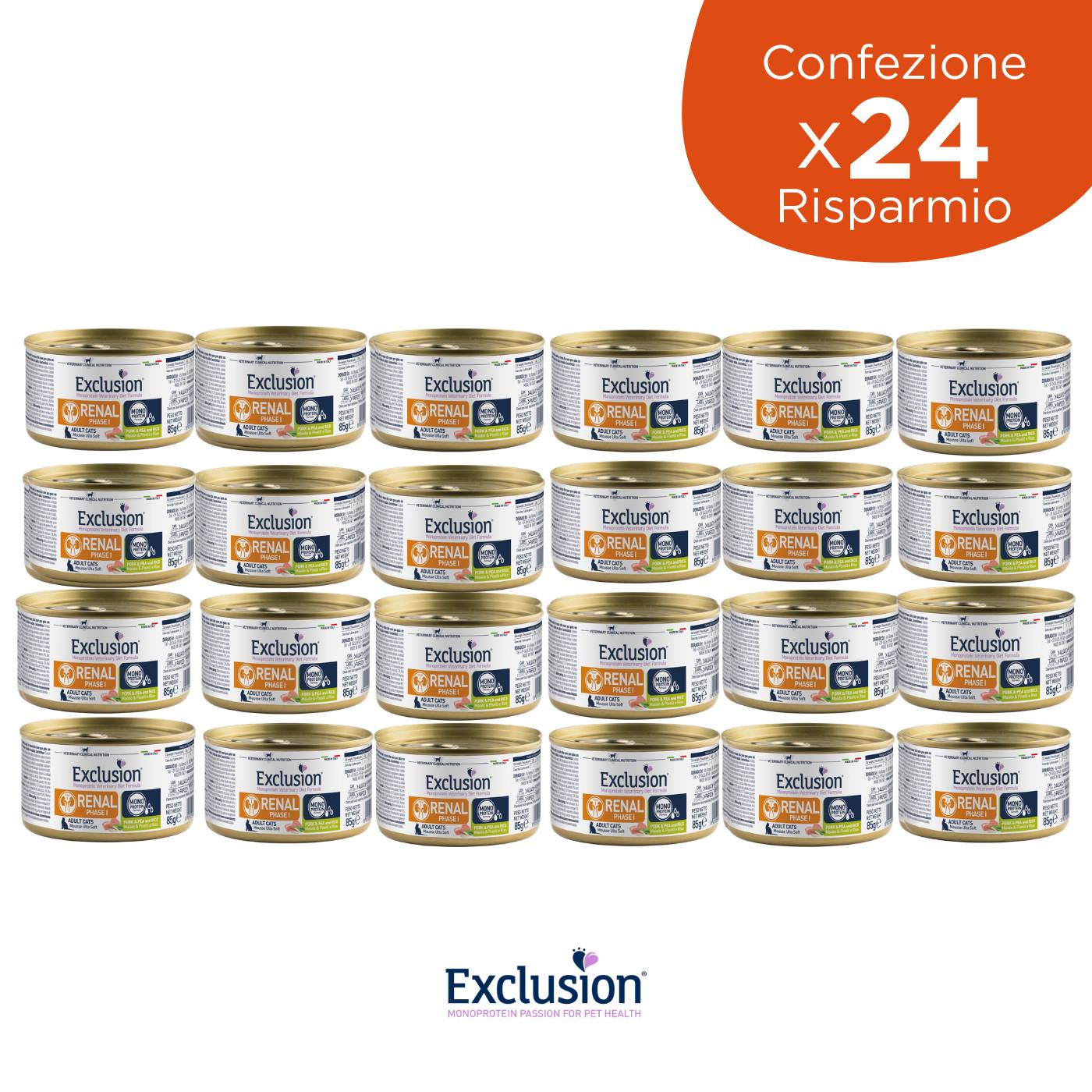 Exclusion Renal FASE 1 Maiale Piselli e Riso 85 gr per Gatti